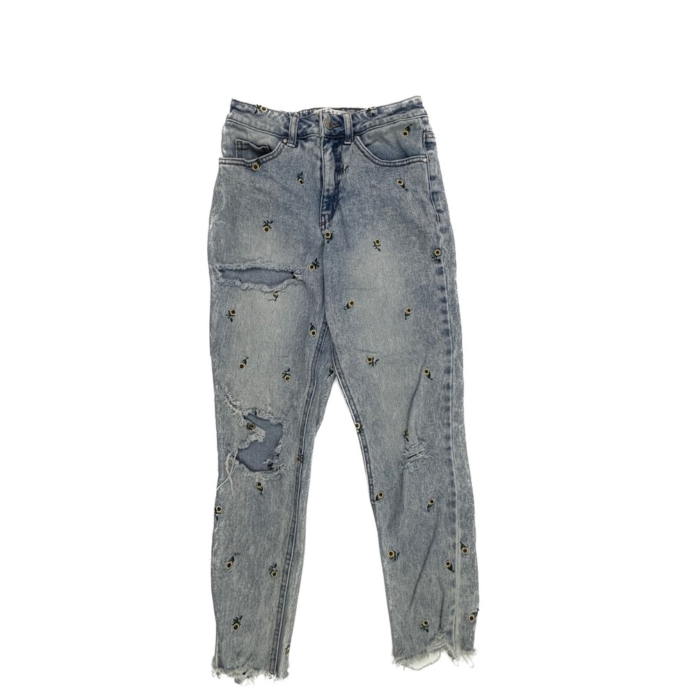 Tinseltown Distressed Jeans Womens 1 Blue Sunflower Embroidered Raw Hem